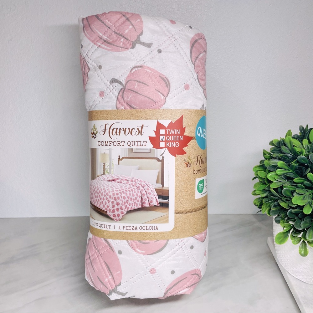 Harvest Comfort Quilt Pink Pumpkins Queen Size Fall Bedding Coverlet White 86x86